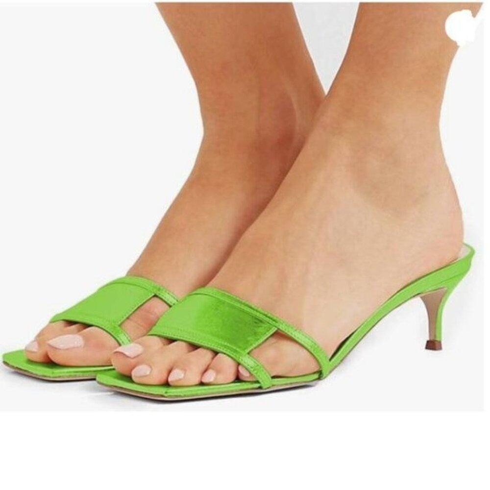 YDN Neon Lime Satin Slide Sandals with Low Kitten Heel